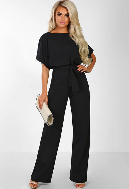 Dames Jumpsuit Korte Mouw met Boothals en Strikceintuur Zwart