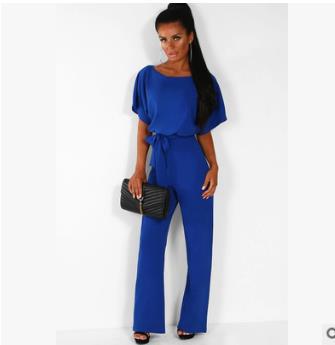 Dames Jumpsuit Korte Mouw met Boothals en Strikceintuur Koningsblauw