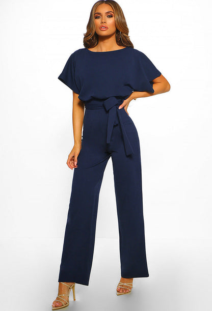 Dames Jumpsuit Korte Mouw met Boothals en Strikceintuur Marineblauw