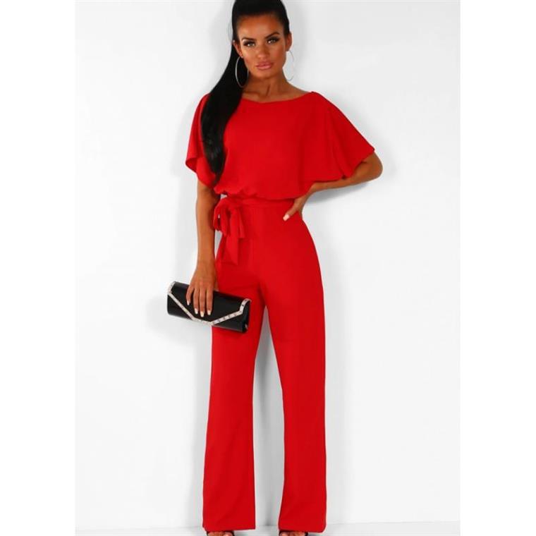 Dames Jumpsuit Korte Mouw met Boothals en Strikceintuur Rood