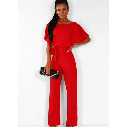 Dames Jumpsuit Korte Mouw met Boothals en Strikceintuur Rood
