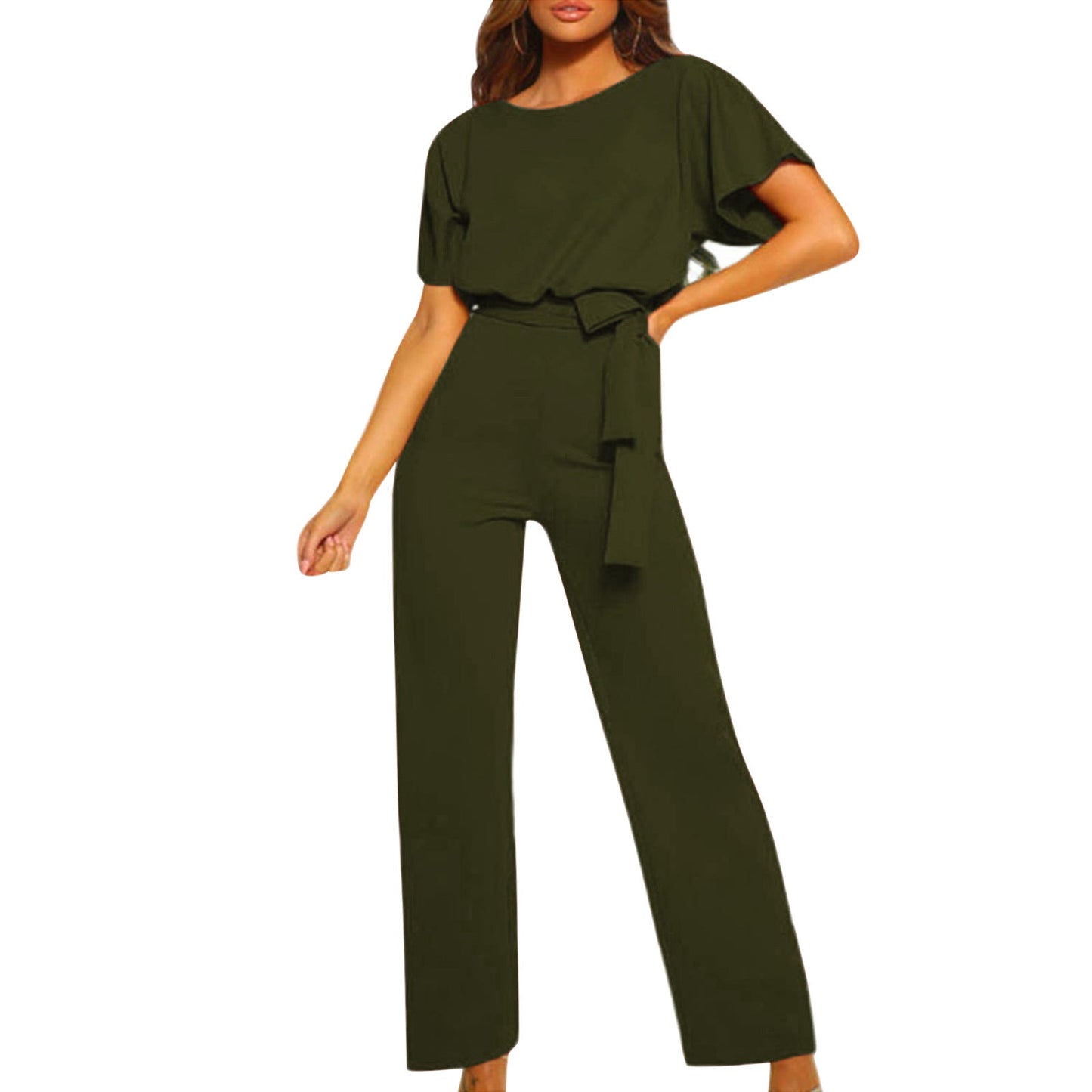 Dames Jumpsuit Korte Mouw met Boothals en Strikceintuur Olijfgroen