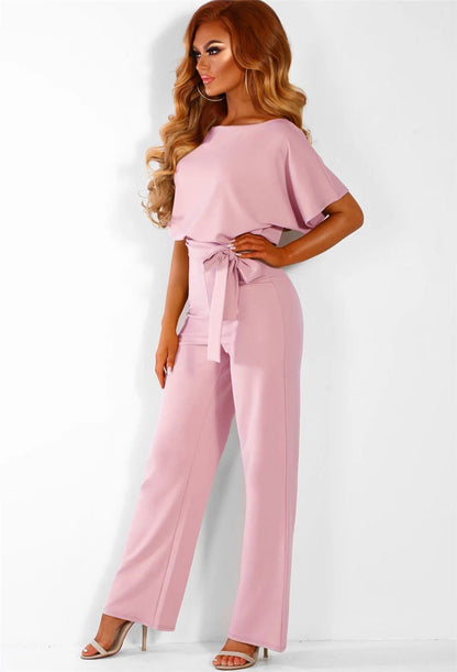 Dames Jumpsuit Korte Mouw met Boothals en Strikceintuur Roze