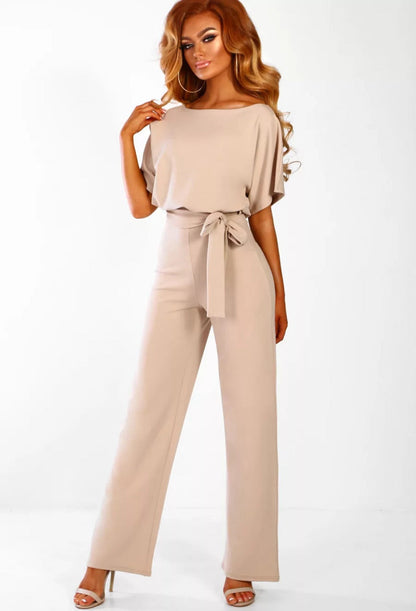 Dames Jumpsuit Korte Mouw met Boothals en Strikceintuur Abrikoos