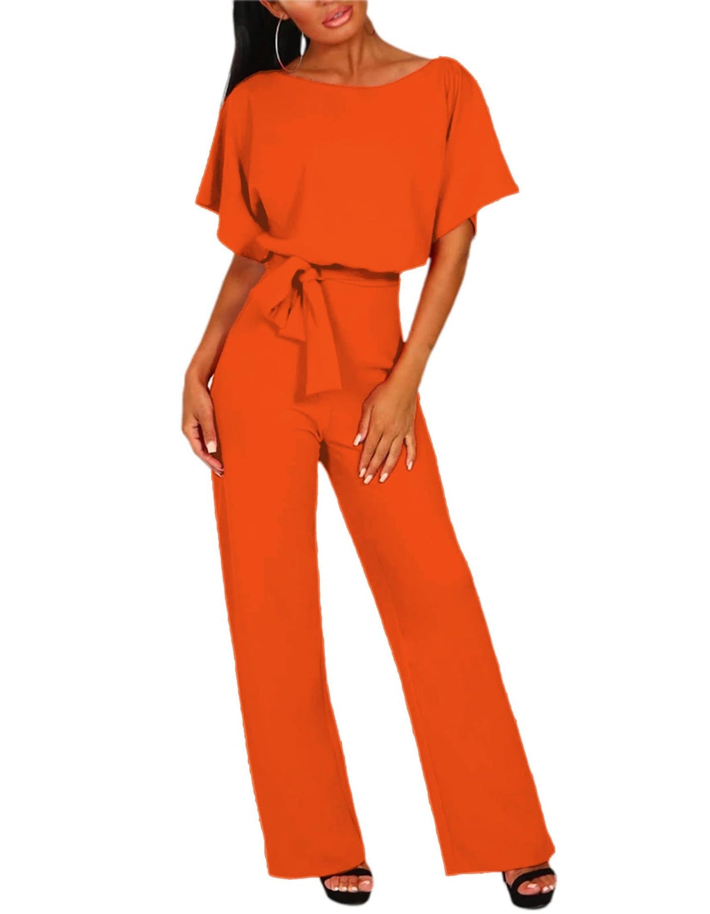 Dames Jumpsuit Korte Mouw met Boothals en Strikceintuur Oranje