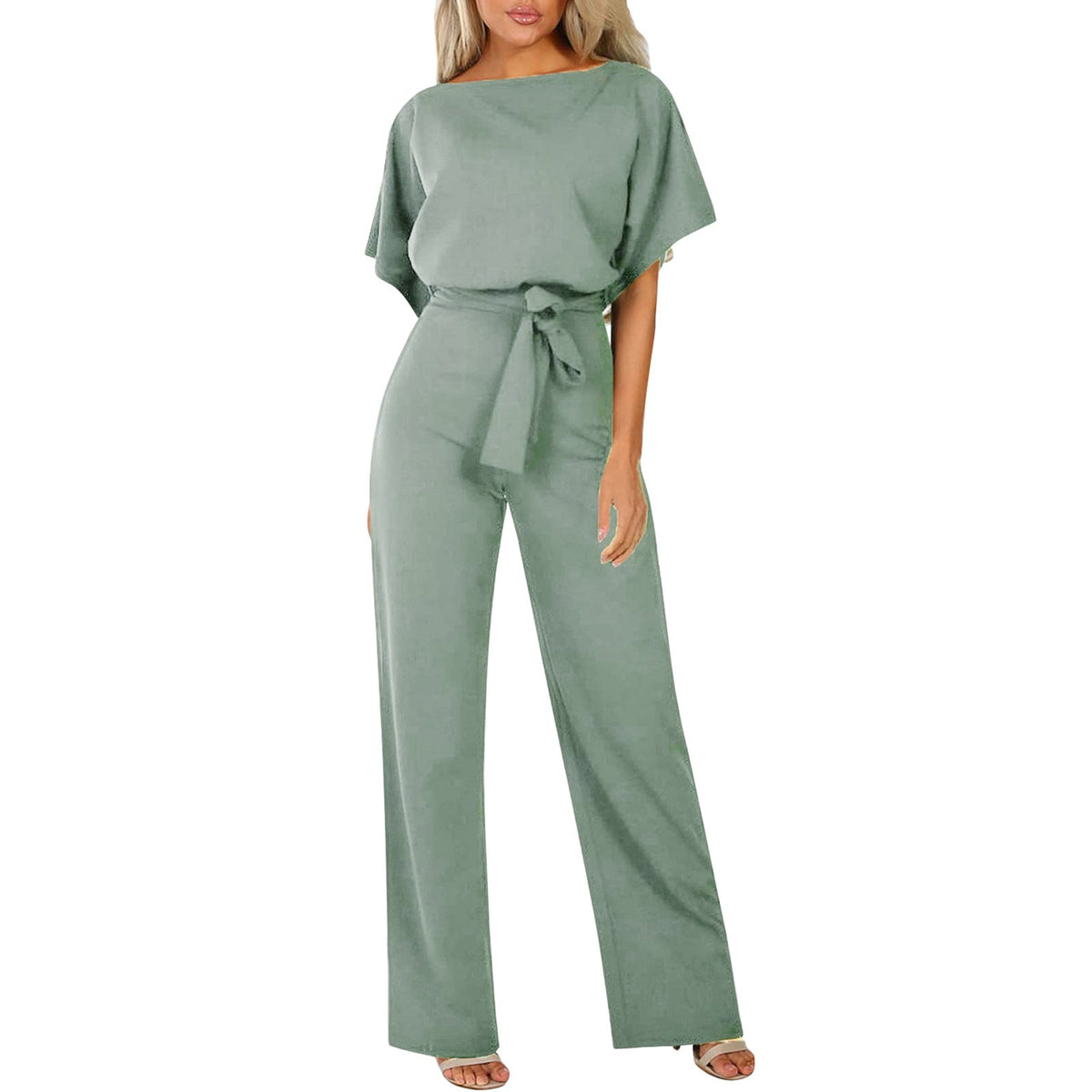 Dames Jumpsuit Korte Mouw met Boothals en Strikceintuur Saliegroen