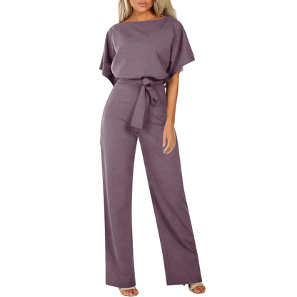 Dames Jumpsuit Korte Mouw met Boothals en Strikceintuur Lila