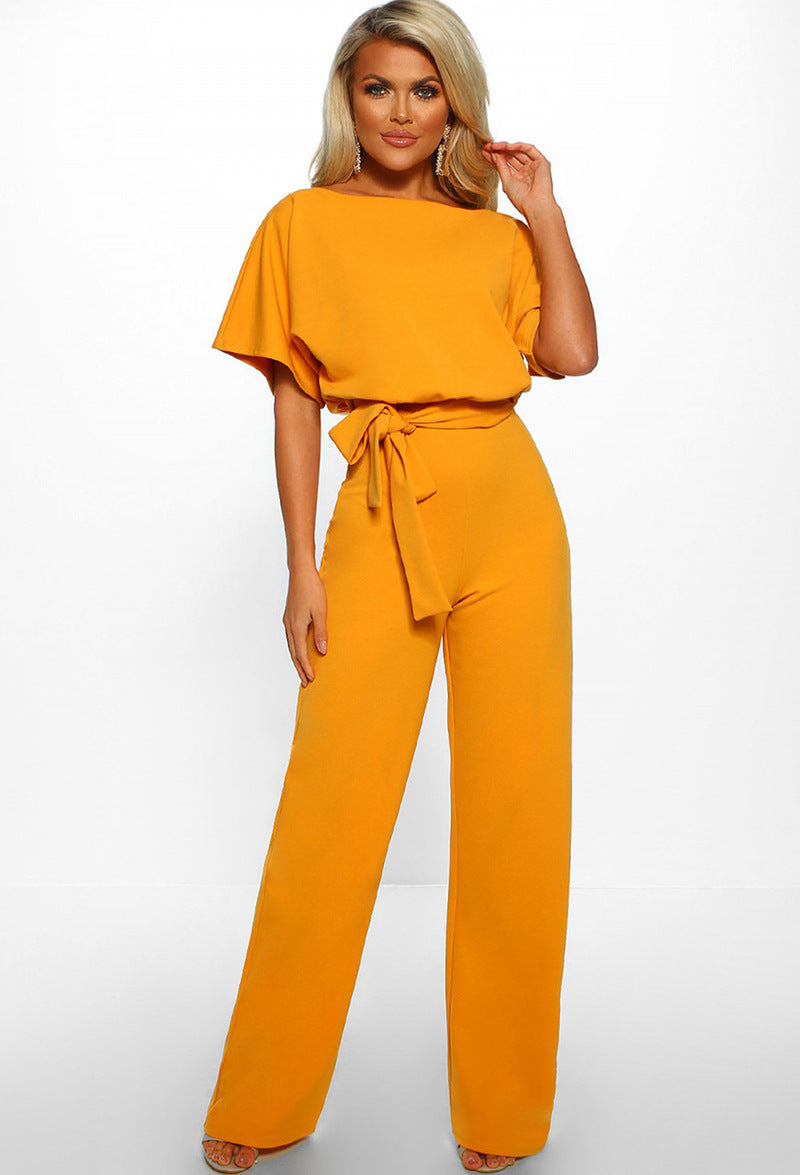 Dames Jumpsuit Korte Mouw met Boothals en Strikceintuur Geel