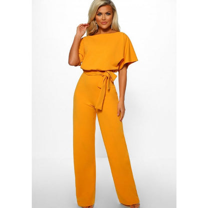 Dames Jumpsuit Korte Mouw met Boothals en Strikceintuur