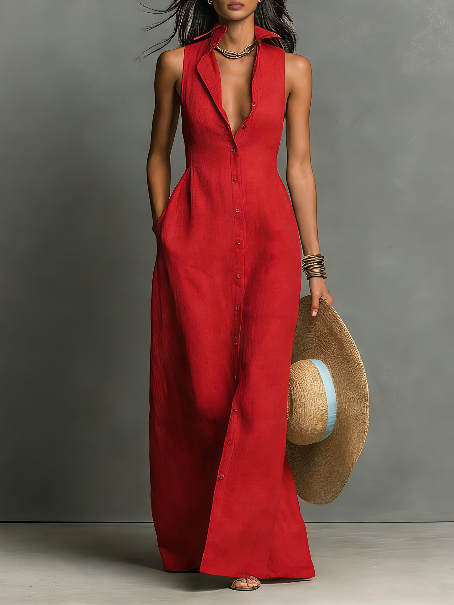 Dames Maxi Jurk Mouwloos met Hemdkraag en Knoopsluiting Rood