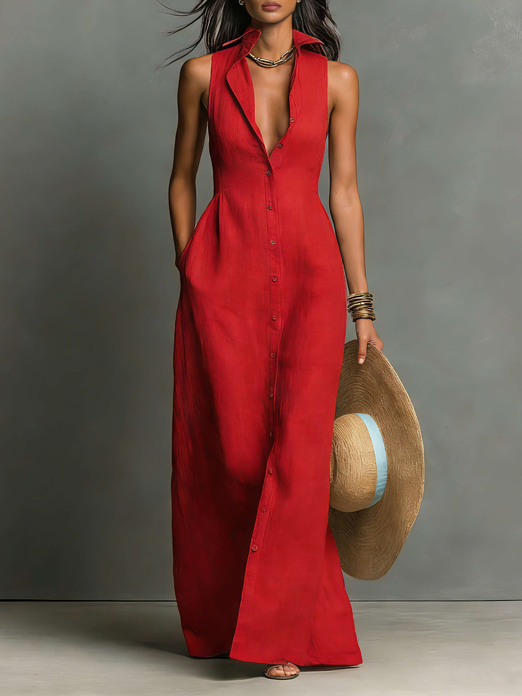Dames Maxi Jurk Mouwloos met Hemdkraag en Knoopsluiting Rood