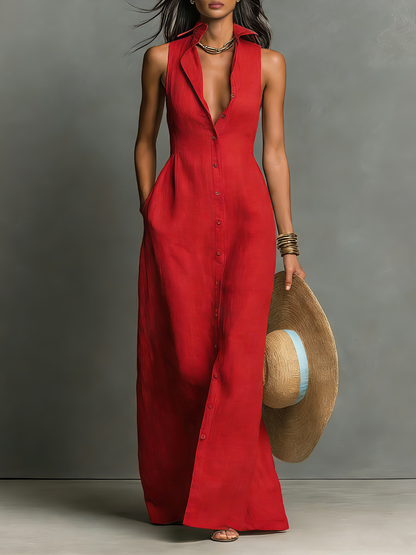 Dames Maxi Jurk Mouwloos met Hemdkraag en Knoopsluiting Rood