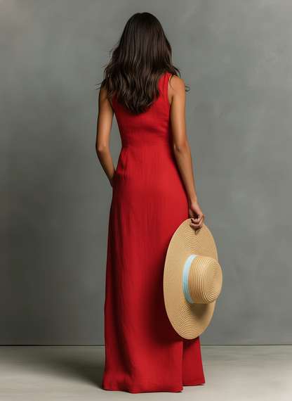 Dames Maxi Jurk Mouwloos met Hemdkraag en Knoopsluiting