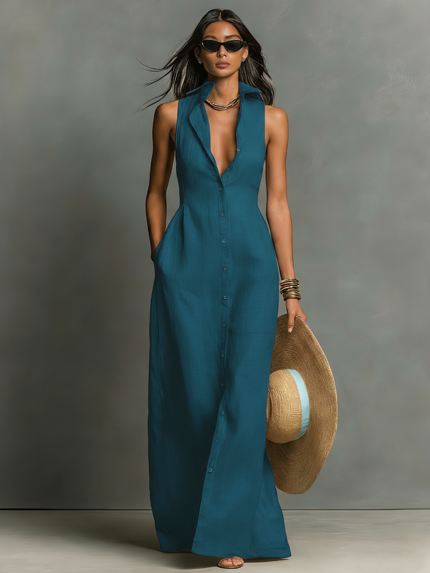 Dames Maxi Jurk Mouwloos met Hemdkraag en Knoopsluiting Blauw Groen