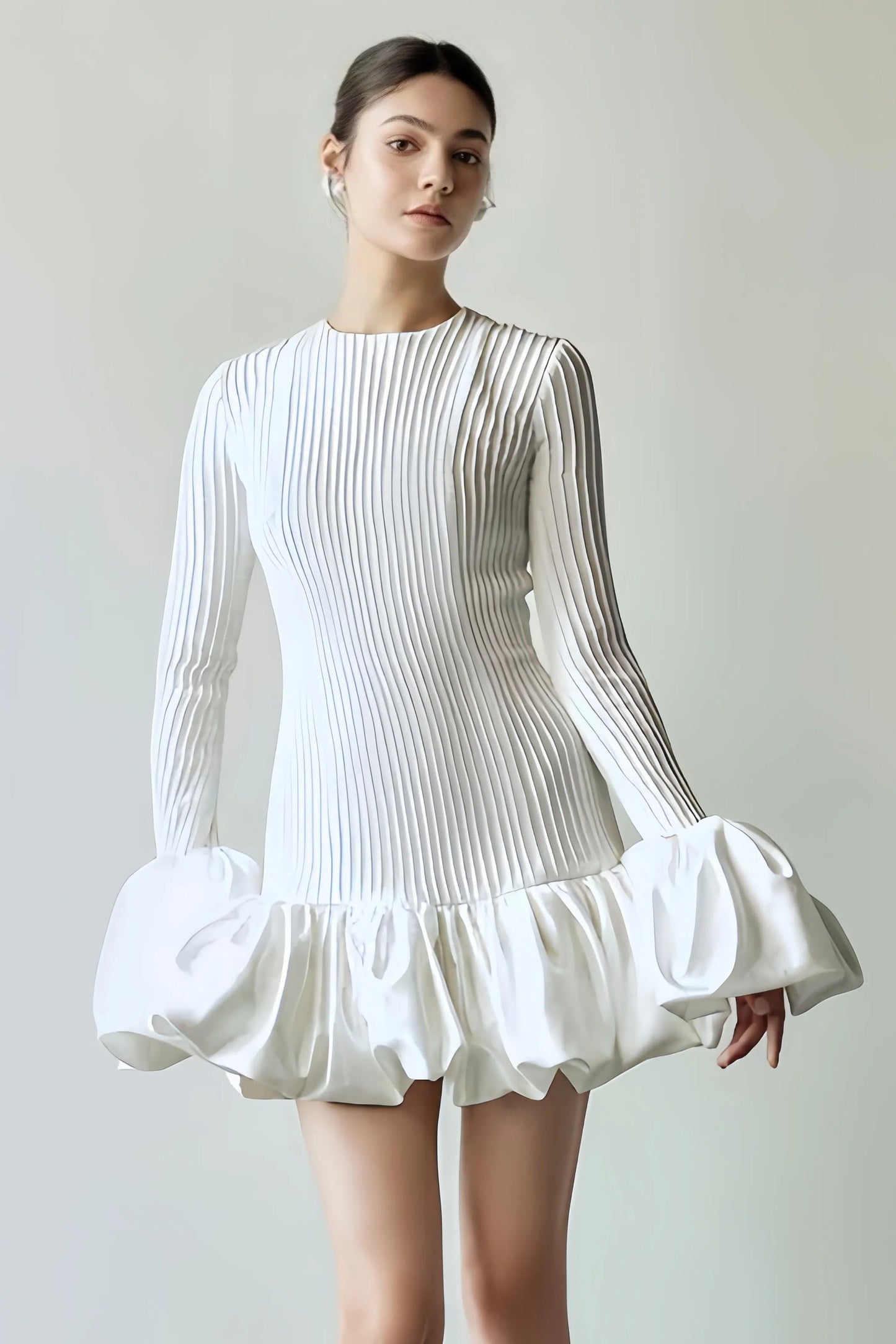 Clara Dames Elegante Geplooide Witte Jurk - Mini