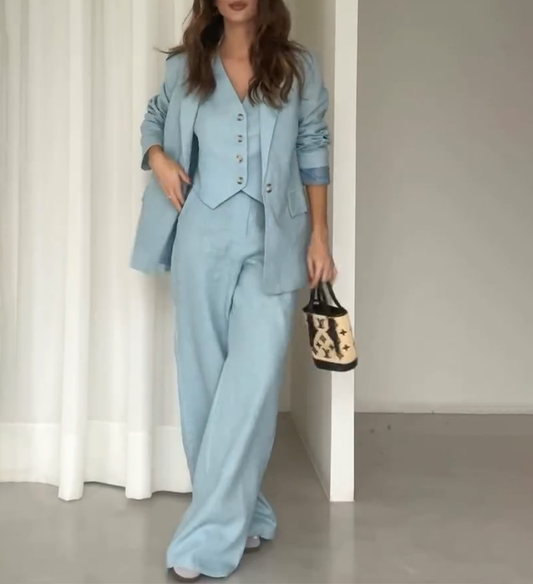 Elegante Blauw Dames Blazer Set met Broek en Vest