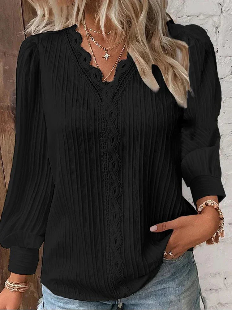 Delilah | Women's V Neck Ribbed Long Sleeve Blouse - Black - Image 1