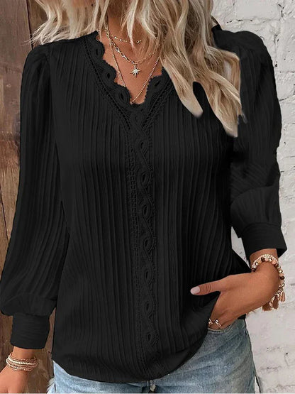 Delilah | Women's V Neck Ribbed Long Sleeve Blouse - Black - Image 1