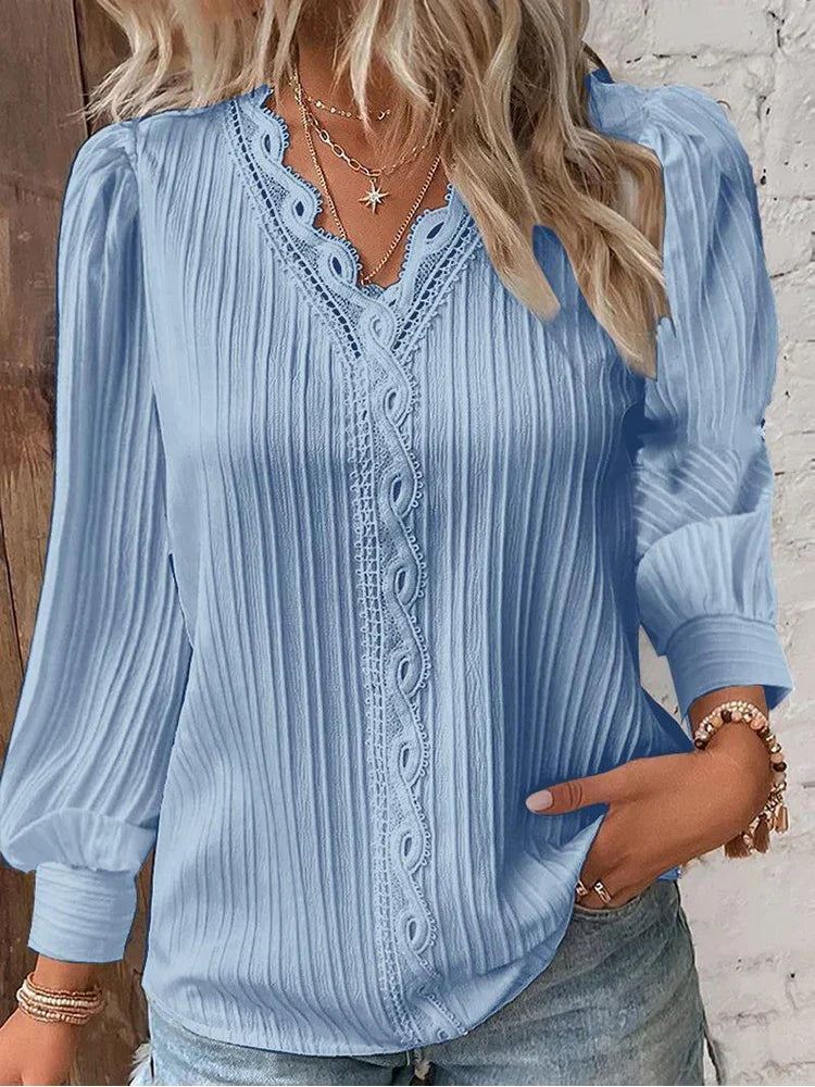 Delilah | Women's V Neck Ribbed Long Sleeve Blouse - Black - Image 2