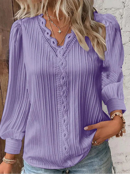 Delilah | Women's V Neck Ribbed Long Sleeve Blouse - Black - Image 4