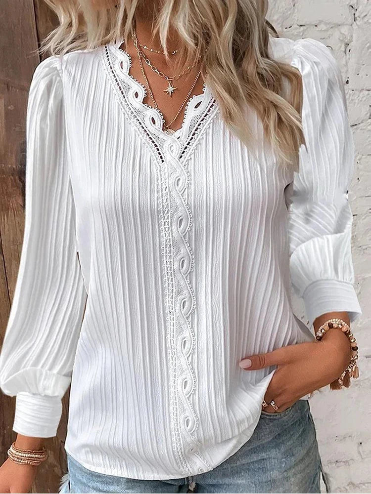 Delilah | Women's V Neck Ribbed Long Sleeve Blouse - Black - Image 6