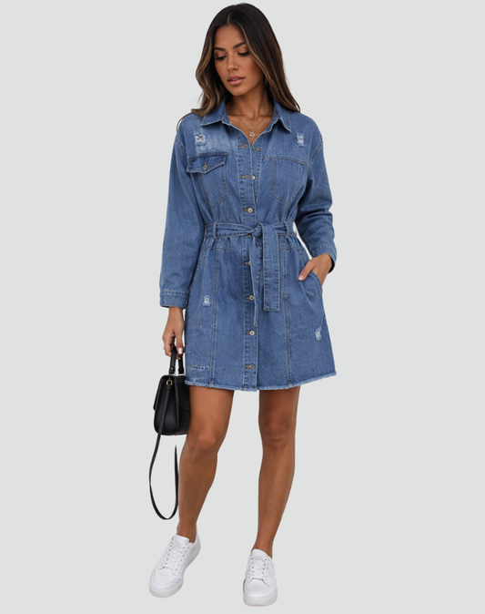 Bett | Denim Dress with Button Closure and Waist Accent