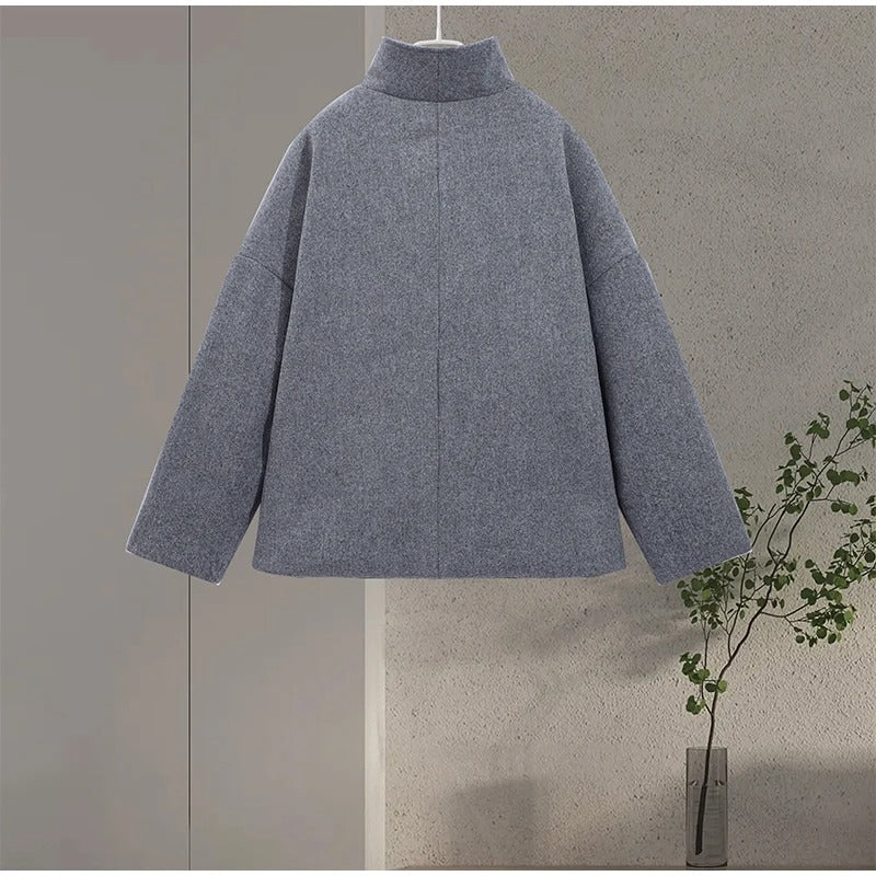Women's Wool Blend Coat with High Collar and Buttons