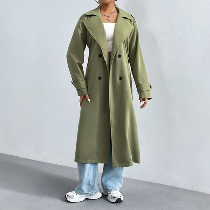 Dames Lange Trenchcoat met Dubbele Rij Knopen
