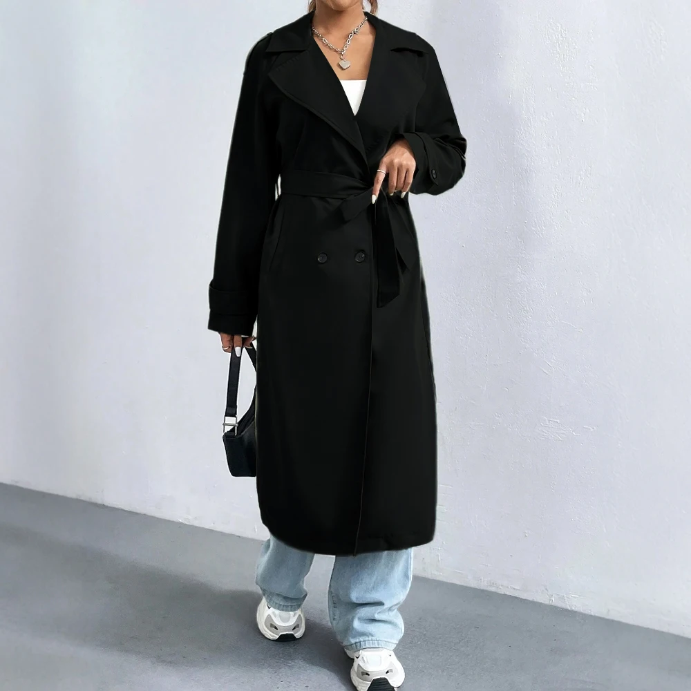 Dames Lange Trenchcoat met Dubbele Rij Knopen