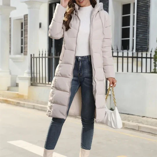 Lange Warme Dames Puffer Jas met Capuchon en Rits