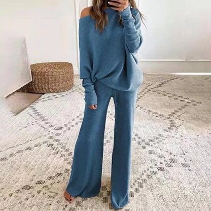 Oversized Dames Trui Set met One-Shoulder Top en Wijde Pijpen