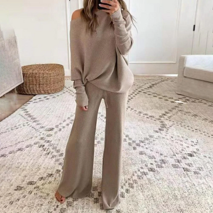Oversized Dames Trui Set met One-Shoulder Top en Wijde Pijpen