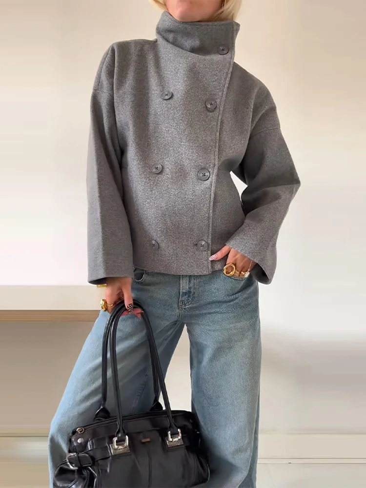 Women's Wool Blend Coat with High Collar and Buttons
