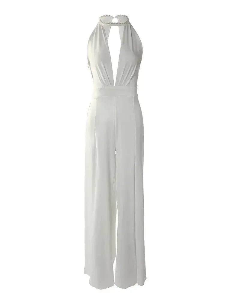 Women's Wedding Guest Halter V Neck Wide Leg Jumpsuit