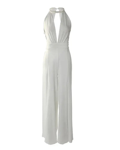 Women's Wedding Guest Halter V Neck Wide Leg Jumpsuit