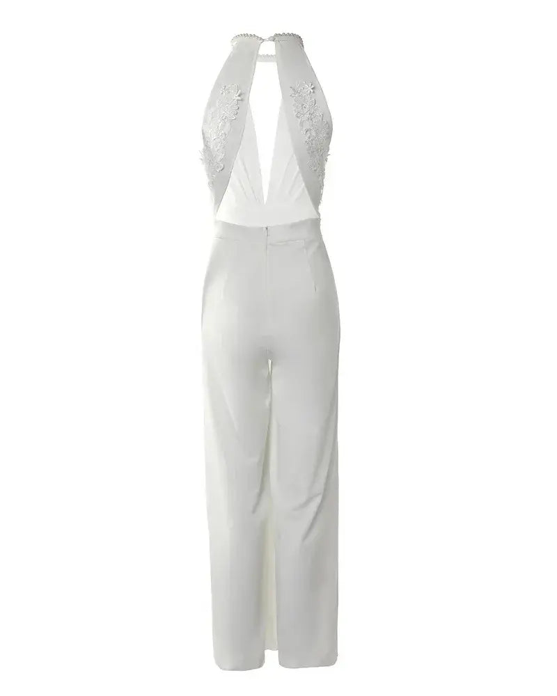 Women's Wedding Guest Halter V Neck Wide Leg Jumpsuit
