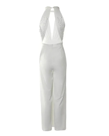 Women's Wedding Guest Halter V Neck Wide Leg Jumpsuit