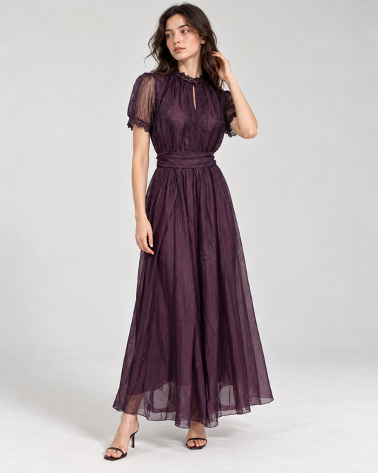 Women's Maxi Dress with Lace Detail and Refined Waist