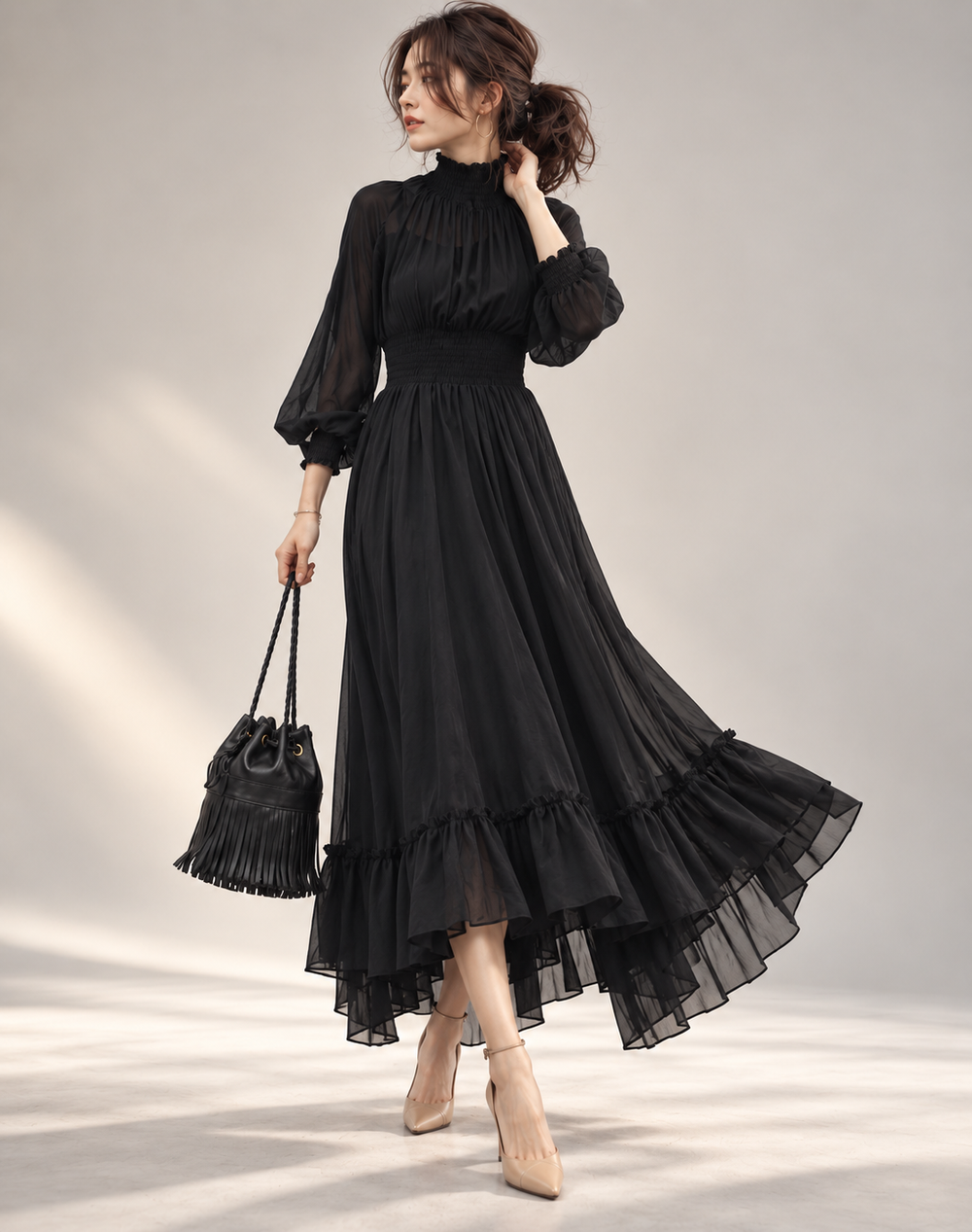 Black Women's Midi Dress with Long Sleeves and High Neck