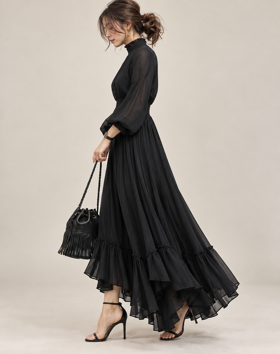 Black Women's Midi Dress with Long Sleeves and High Neck