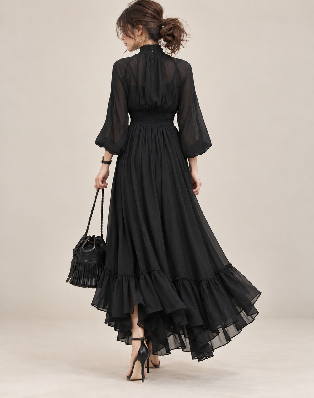 Black Women's Midi Dress with Long Sleeves and High Neck