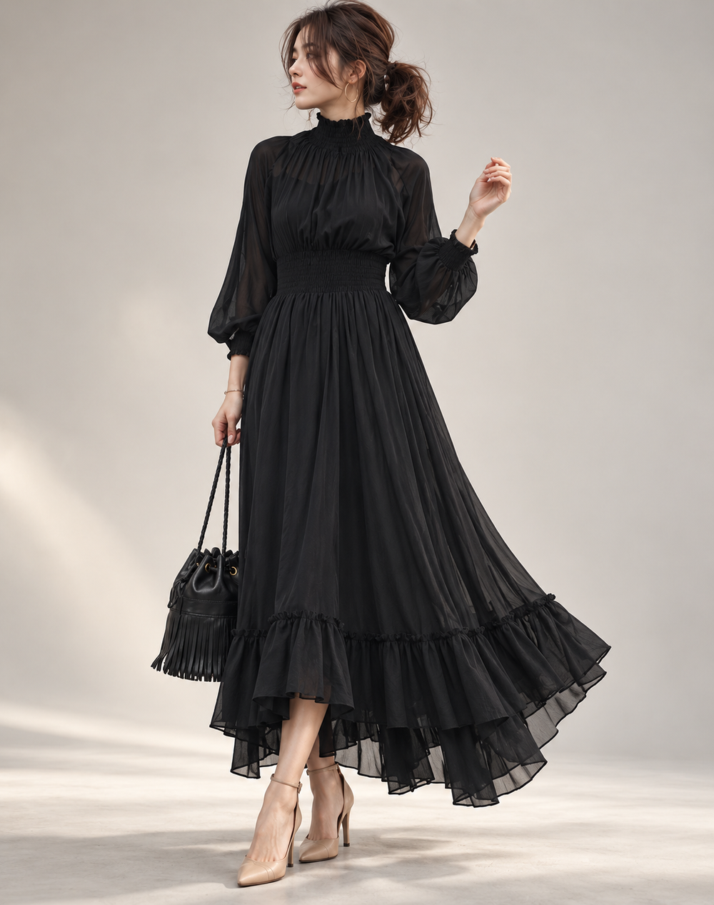 Black Women's Midi Dress with Long Sleeves and High Neck