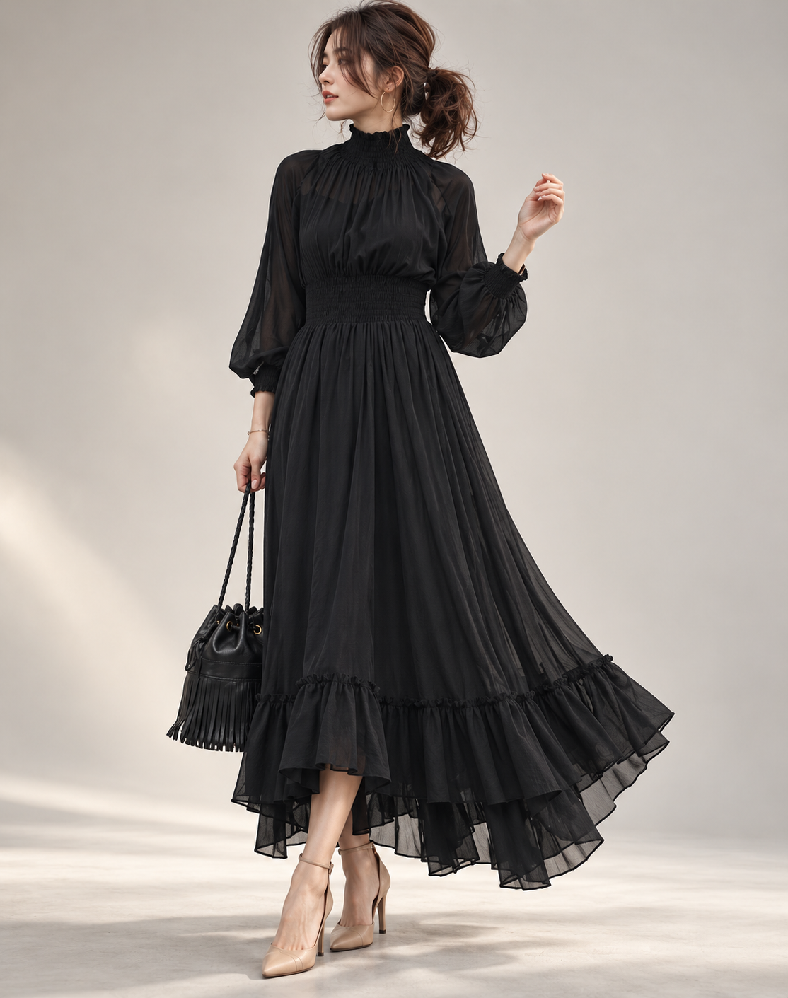 Black Women's Midi Dress with Long Sleeves and High Neck