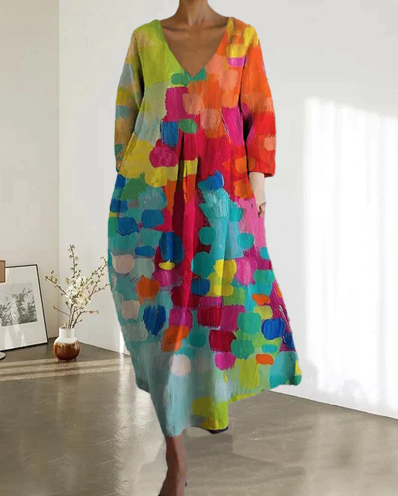 Zomerse Dames Oversized Midi Jurk Met V Hals En Print