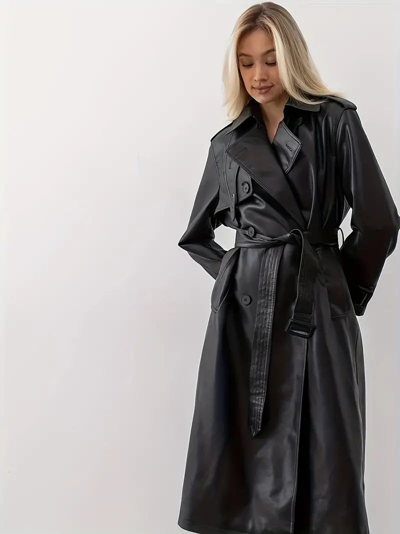 Lange Dames Leren Trenchcoat met Ceintuur