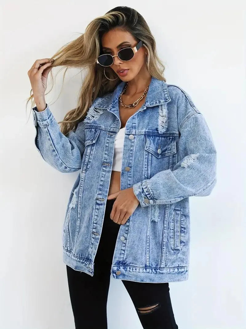 Women's Oversized Denim Jacket with Edgy Look and Snap Button Closure