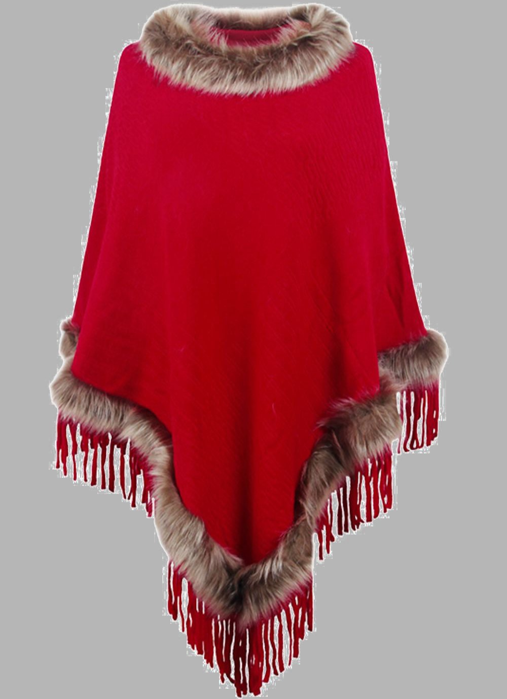 Stijlvolle Elegante Dames Poncho met Bontkraag en Franjes