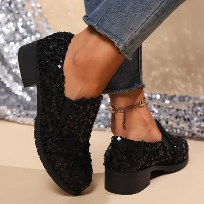 Glanzende Pailletten Dames Loafers met Blokhak en Elastische Inzet