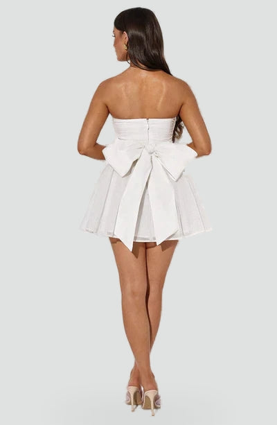 Strapless Glitter Dames Mini Jurk met Gedrapeerd Lijfje en Strik
