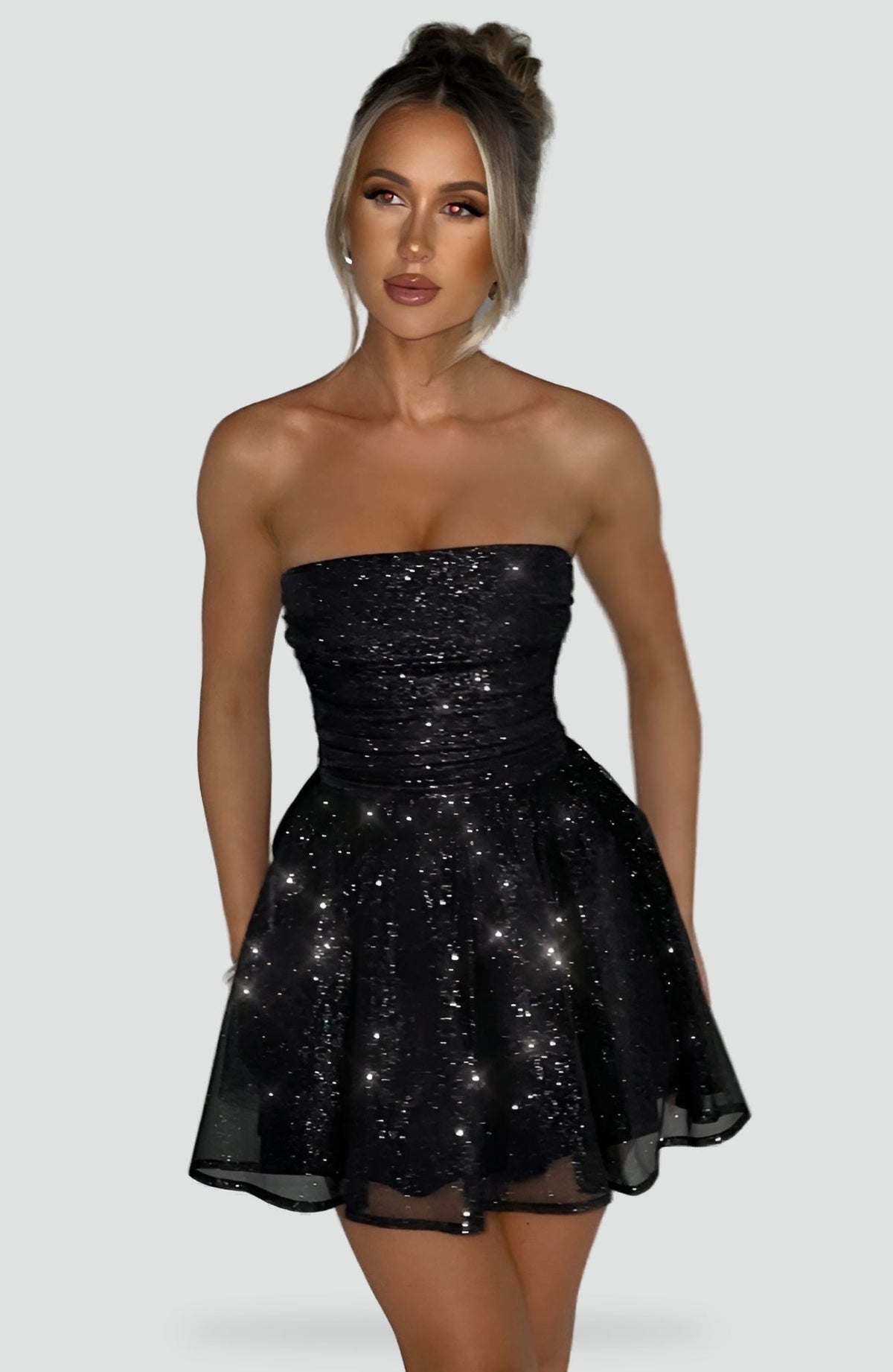 Strapless Glitter Dames Mini Jurk met Gedrapeerd Lijfje en Strik